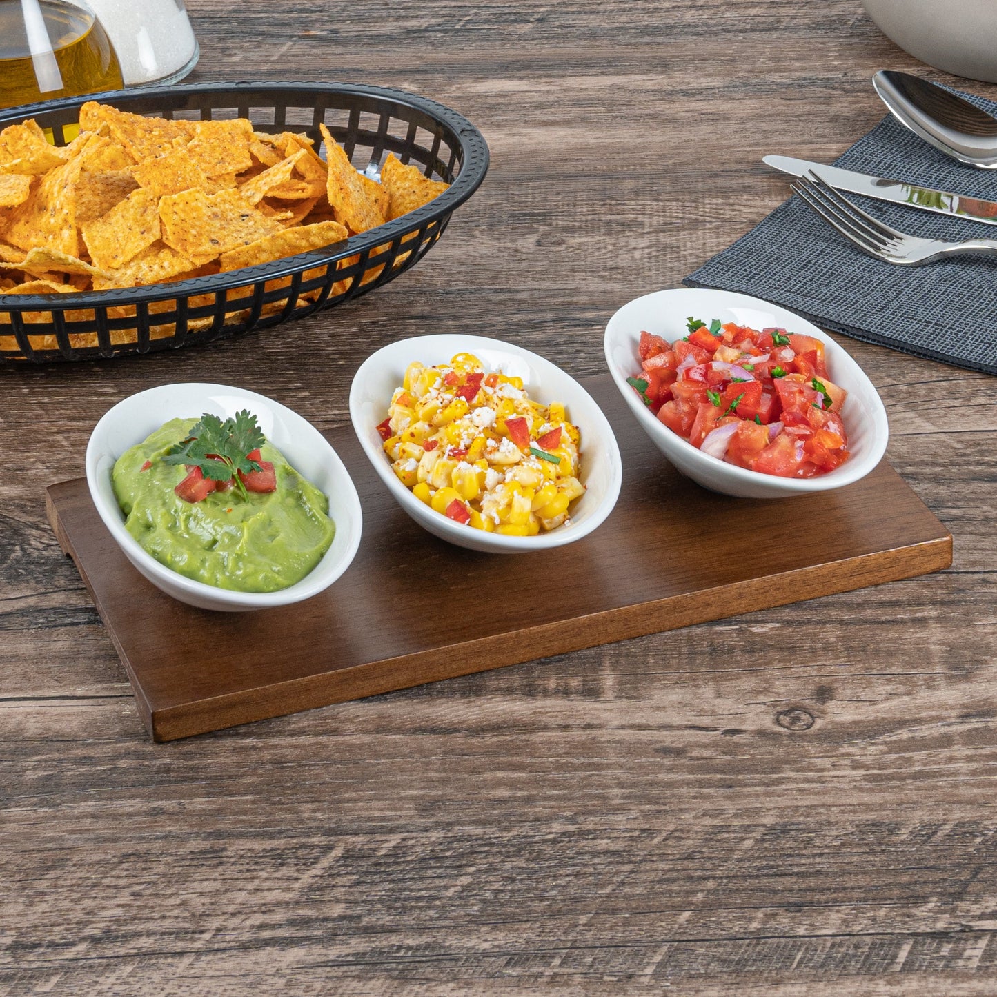 Chef 101 9 oz Rectangle White Porcelain Ellipse Bowl Set - 3 Bowls, Bamboo Tray - 10 1/4" x 5 1/2" x 1 1/2" - 1 count box
