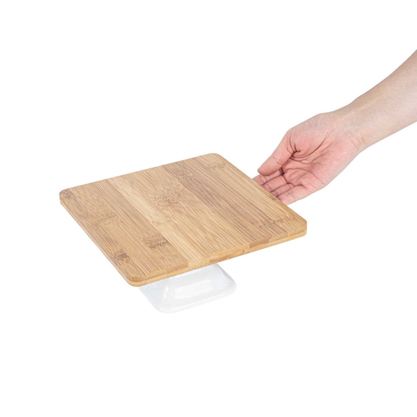 Chef 101 Hamptons Square Bamboo Serving Stand - with Porcelain Base - 8" x 8" x 4" - 1 count box