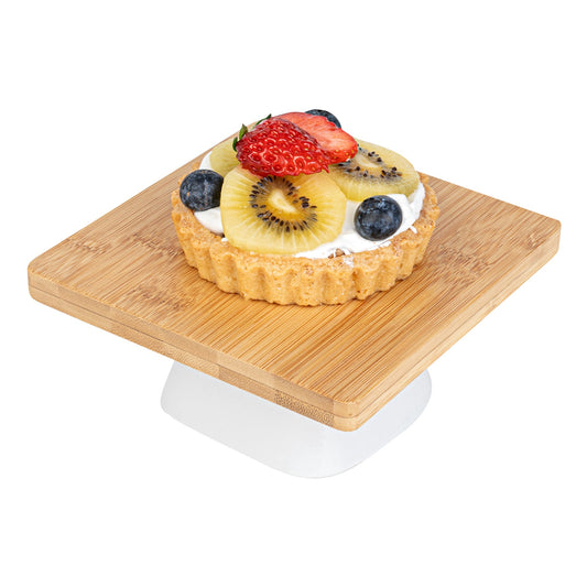 Chef 101 Hamptons Square Bamboo Serving Stand - with Porcelain Base - 5 1/2" x 5 1/2" x 2 1/2" - 1 count box