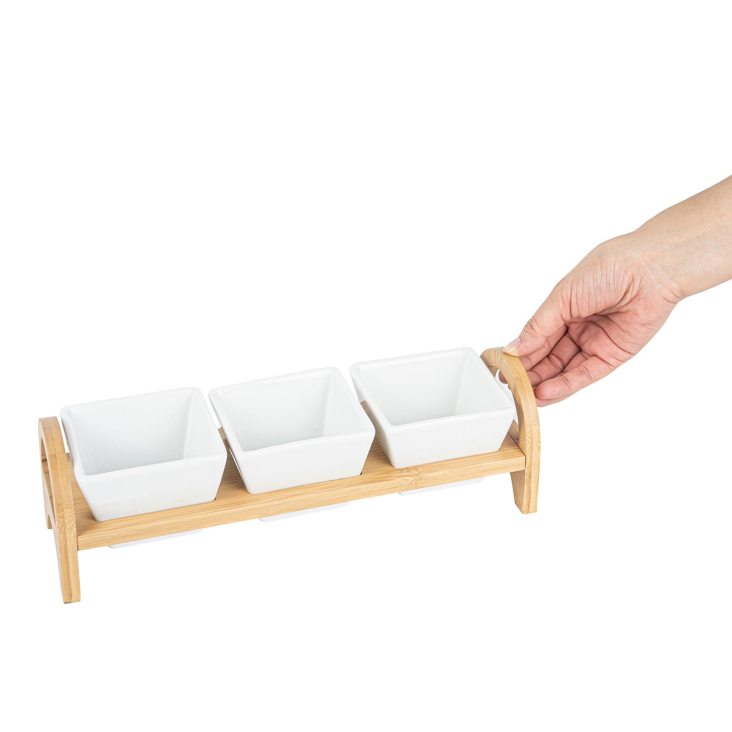 Chef 101 21 oz Rectangle White Porcelain Kova Bowl Set - 3 Bowls, Bamboo Tray - 12" x 3 3/4" x 3 1/2" - 1 count box