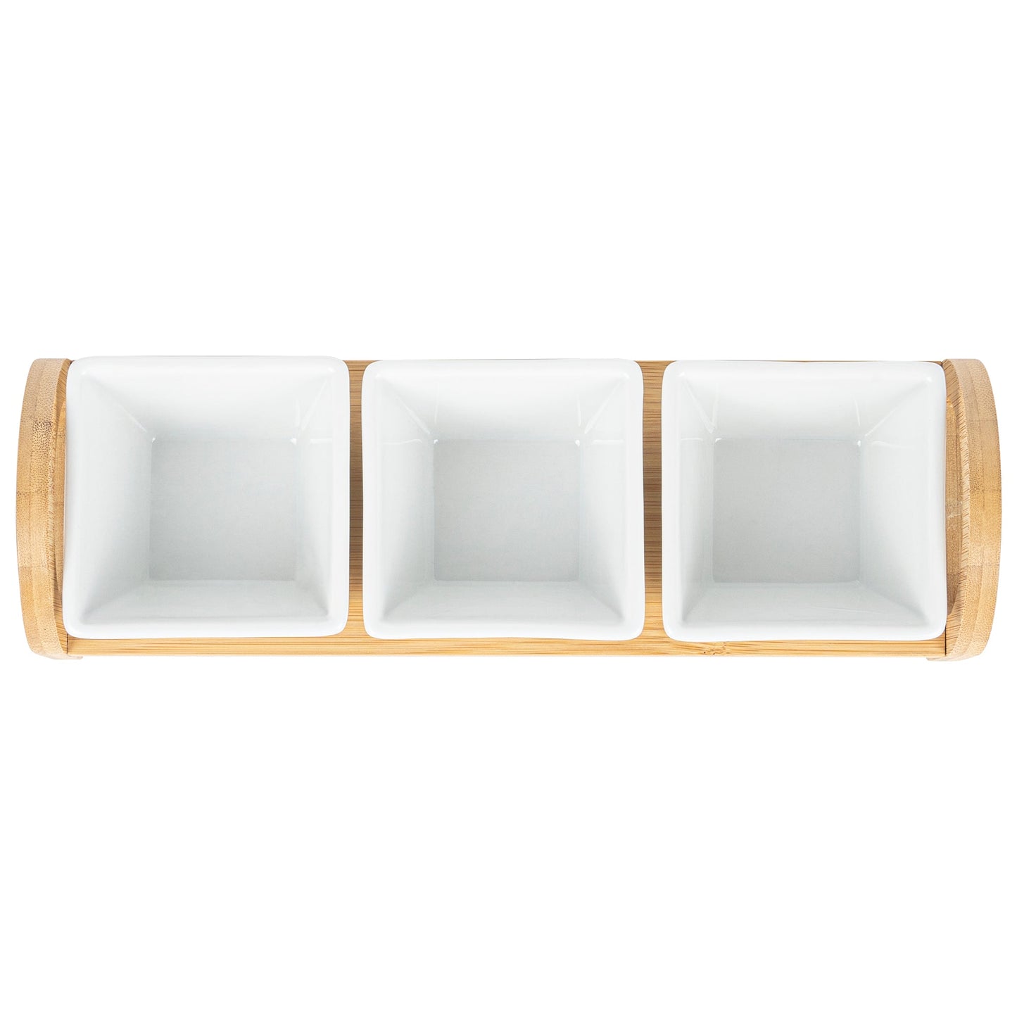 Chef 101 21 oz Rectangle White Porcelain Kova Bowl Set - 3 Bowls, Bamboo Tray - 12" x 3 3/4" x 3 1/2" - 1 count box