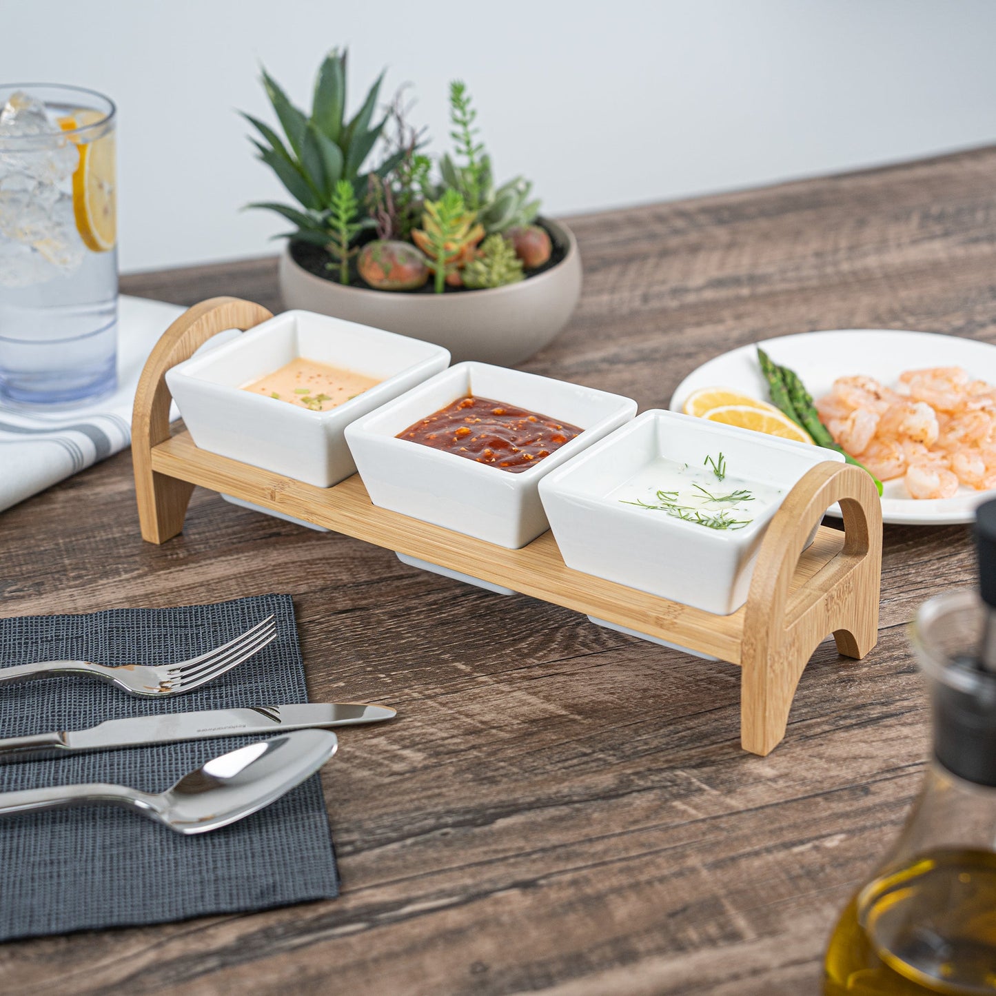 Chef 101 21 oz Rectangle White Porcelain Kova Bowl Set - 3 Bowls, Bamboo Tray - 12" x 3 3/4" x 3 1/2" - 1 count box