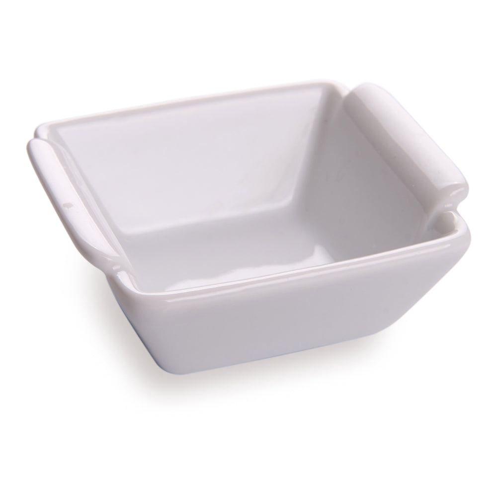Chef 101 1 oz Square White Porcelain Mini Lipped Handle Bowl - 2 1/2" x 2 1/2" x 1" - 10 count box