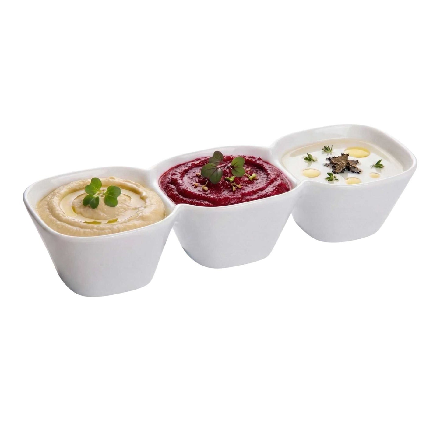 Chef 101 18 oz Square White Porcelain Triplets Convex Bowl Set - 9 1/2" x 3 1/2" x 2" - 1 count box