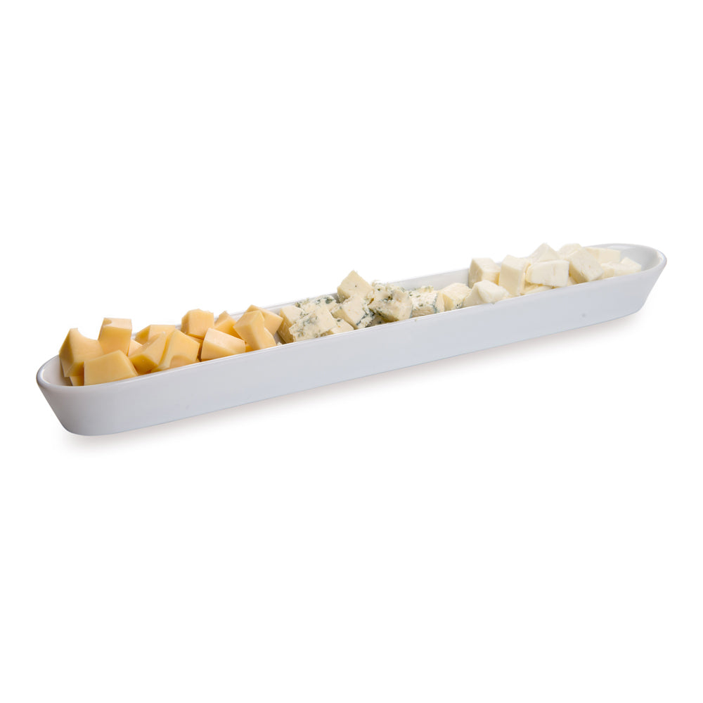 Chef 101 Siluro 14 oz White Porcelain Olive Plate - 16 1/4" x 2 1/4" x 1 1/2" - 1 count box