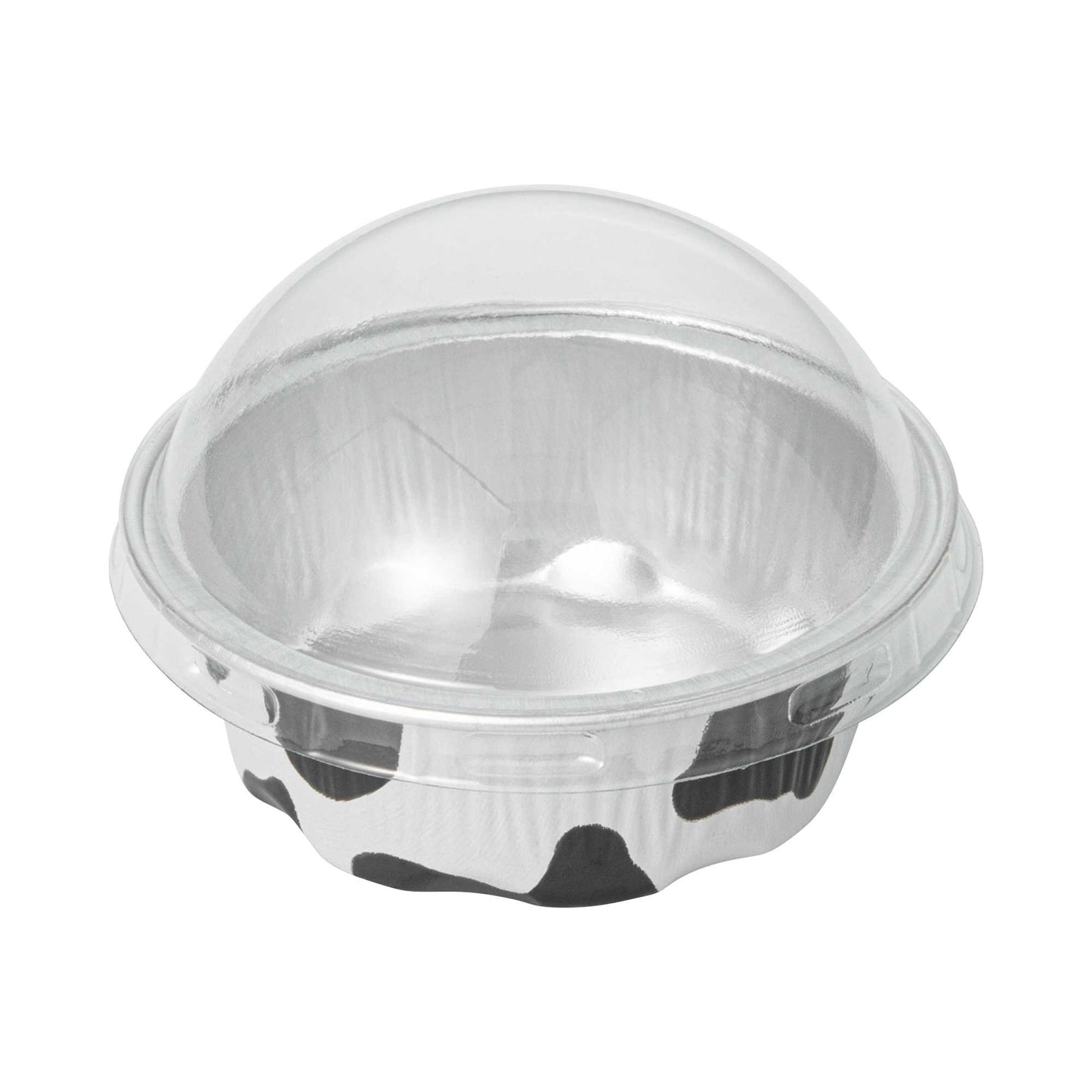 Pastry Tek 2 oz Round Cow Lines Aluminum Baking Cup - with Plastic Dome Lid - 2 3/4" x 2 3/4" x 1" - 100 count box