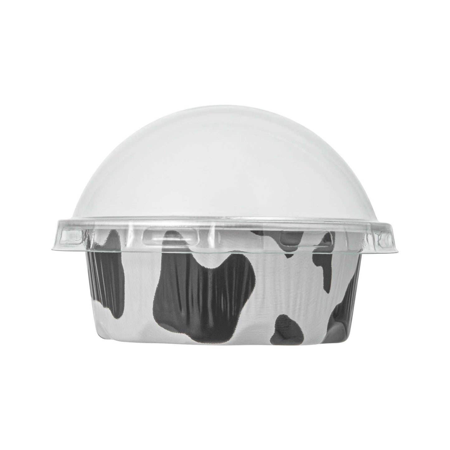 Pastry Tek 2 oz Round Cow Lines Aluminum Baking Cup - with Plastic Dome Lid - 2 3/4" x 2 3/4" x 1" - 100 count box