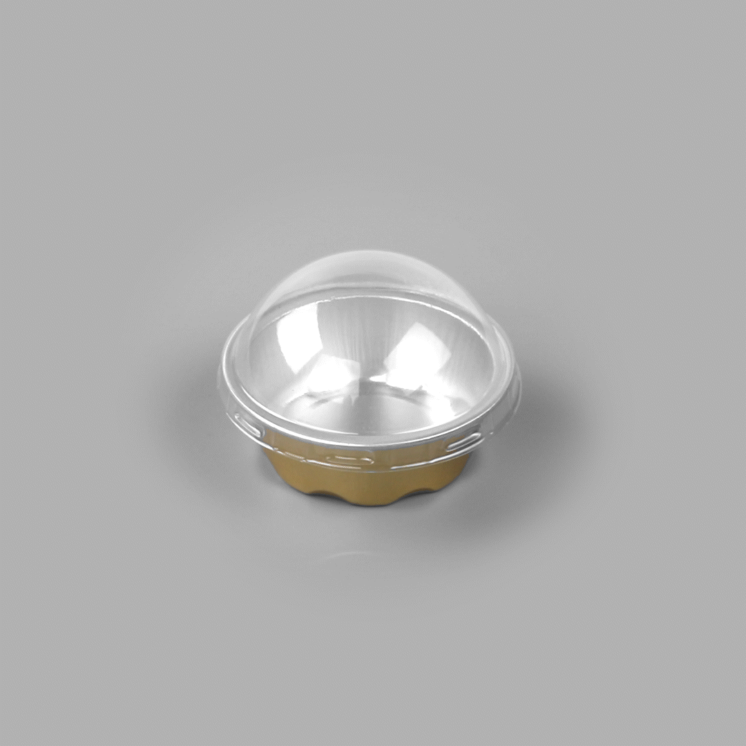 Pastry Tek 2 oz Round Gold Aluminum Baking Cup - with Plastic Dome Lid - 2 3/4" x 2 3/4" x 1" - 100 count box