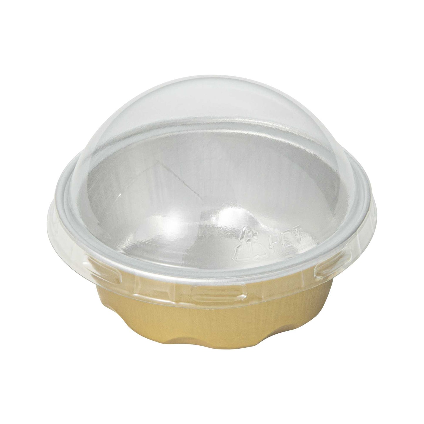 Pastry Tek 2 oz Round Gold Aluminum Baking Cup - with Plastic Dome Lid - 2 3/4" x 2 3/4" x 1" - 100 count box