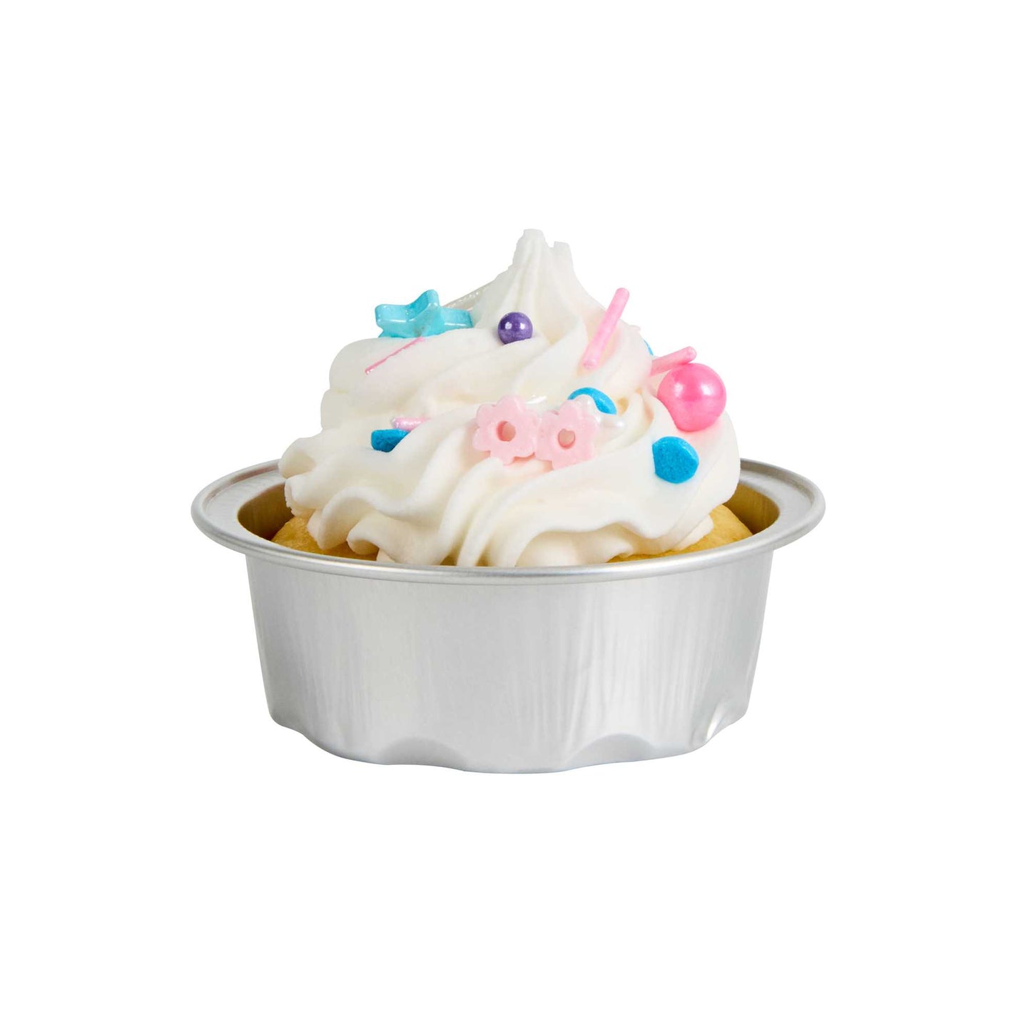 Pastry Tek 2 oz Round Silver Aluminum Baking Cup - with Plastic Dome Lid - 2 3/4" x 2 3/4" x 1" - 100 count box