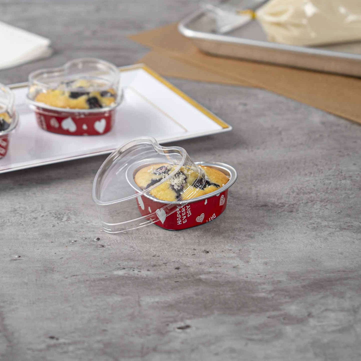 Pastry Tek 3 oz Heart Happy Hour Aluminum Baking Cup - with Plastic Dome Lid - 3 1/2" x 3 1/2" x 1 1/4" - 100 count box