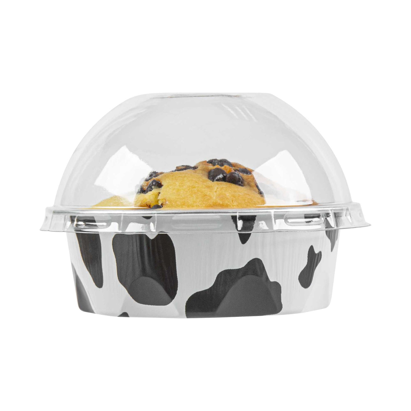 Pastry Tek 3 oz Round Cow Lines Aluminum Baking Cup - with Plastic Dome Lid - 3 1/4" x 3 1/4" x 1" - 100 count box