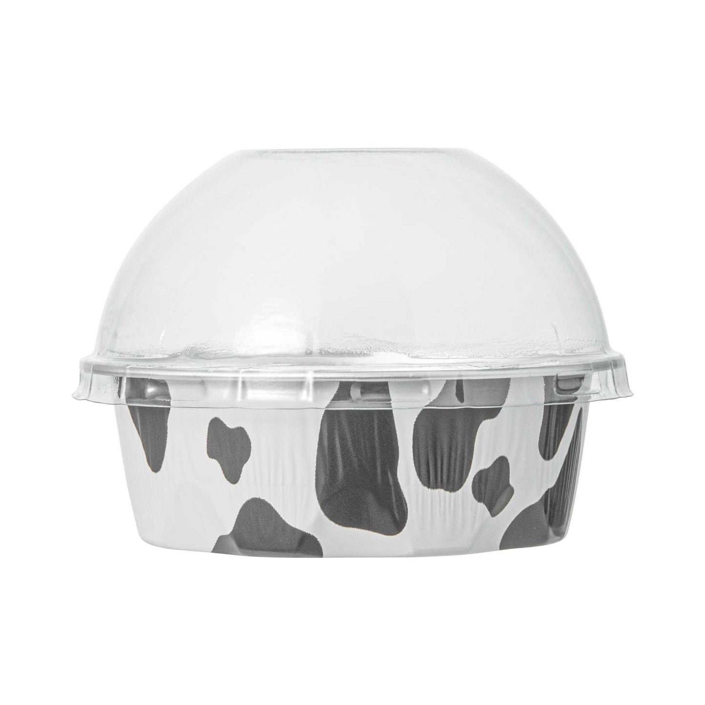 Pastry Tek 3 oz Round Cow Lines Aluminum Baking Cup - with Plastic Dome Lid - 3 1/4" x 3 1/4" x 1" - 100 count box