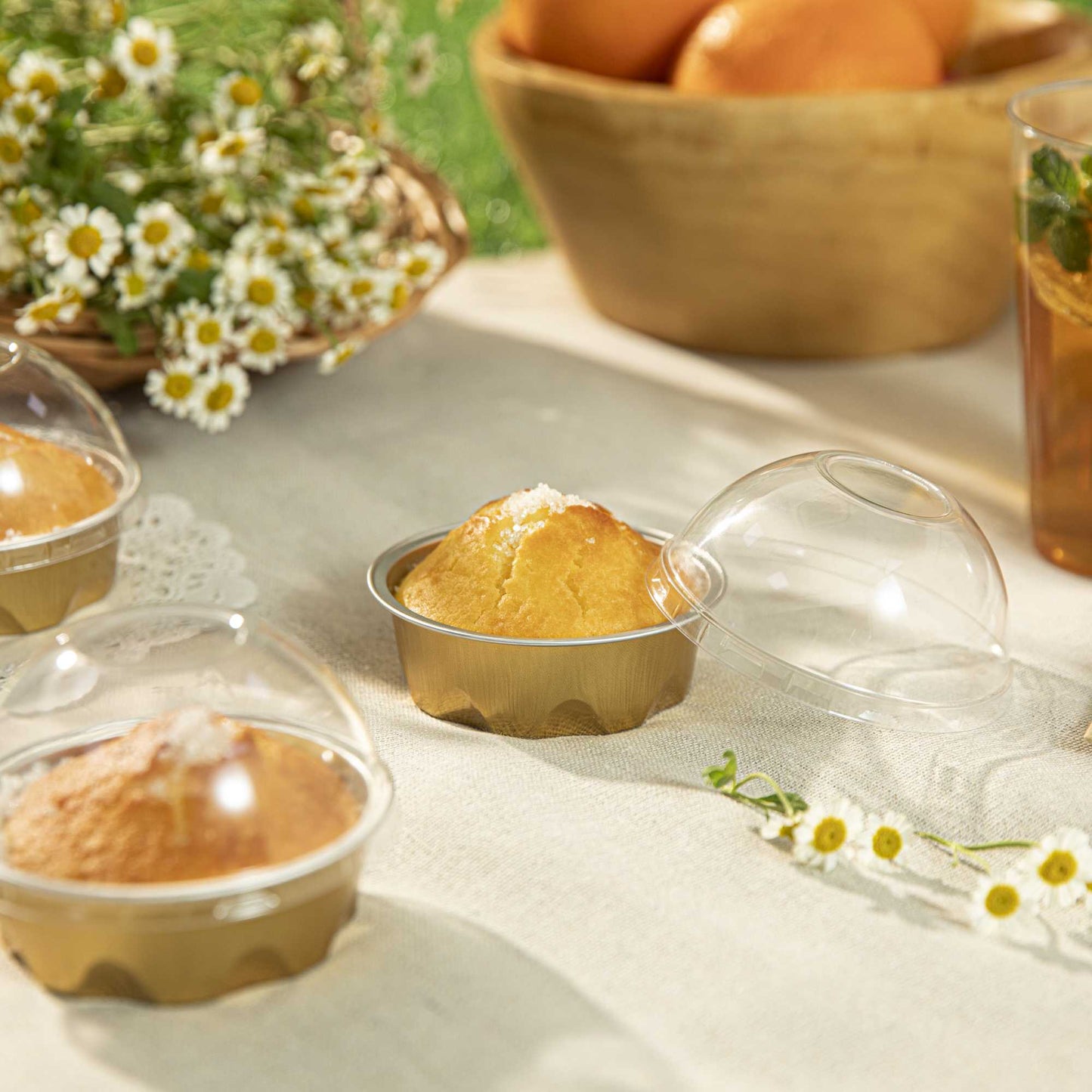Pastry Tek 3 oz Round Gold Aluminum Baking Cup - with Plastic Dome Lid - 3 1/4" x 3 1/4" x 1" - 100 count box
