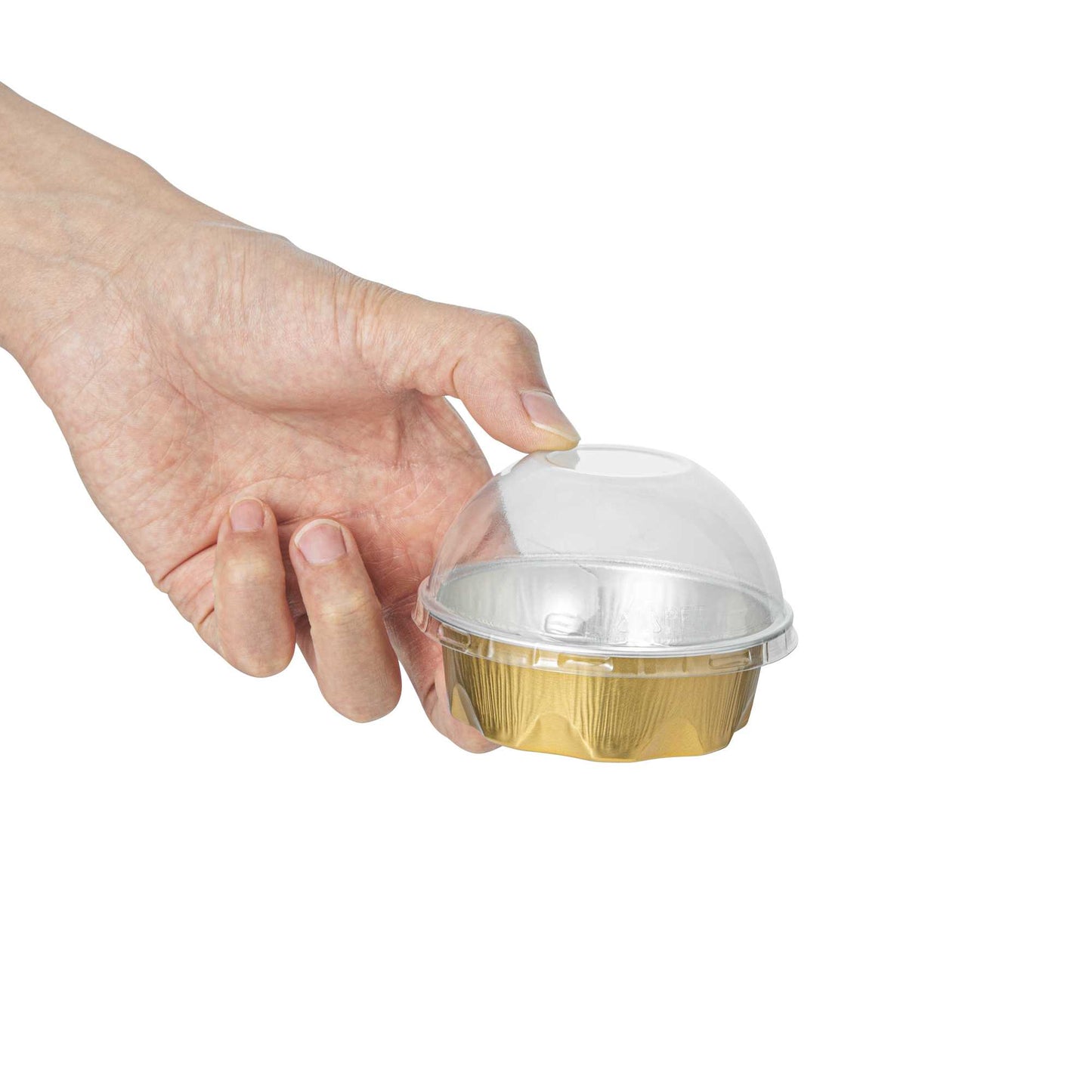 Pastry Tek 3 oz Round Gold Aluminum Baking Cup - with Plastic Dome Lid - 3 1/4" x 3 1/4" x 1" - 100 count box