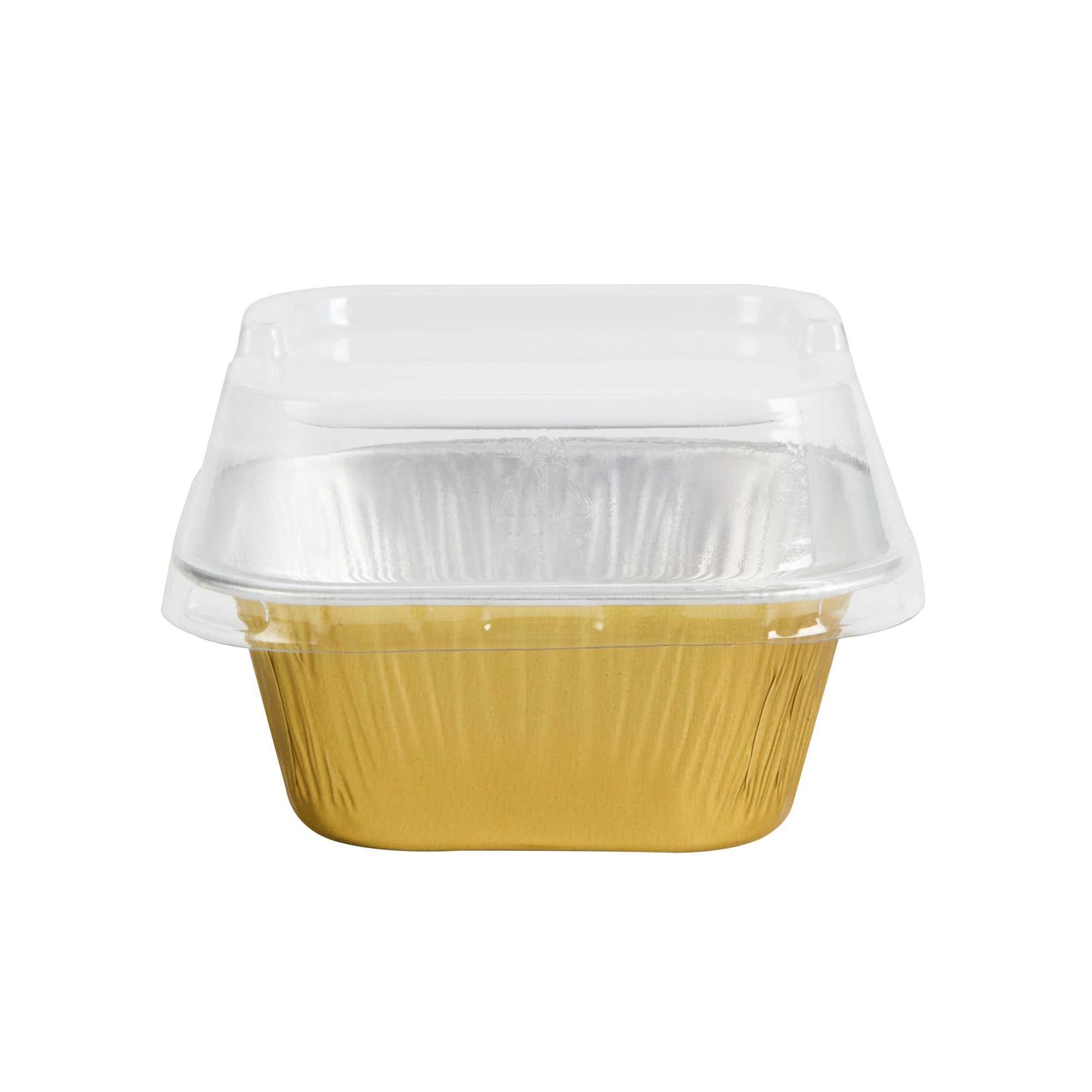 Pastry Tek 3 oz Square Gold Aluminum Baking Cup - with Plastic Dome Lid - 3" x 3" x 1 1/4" - 100 count box
