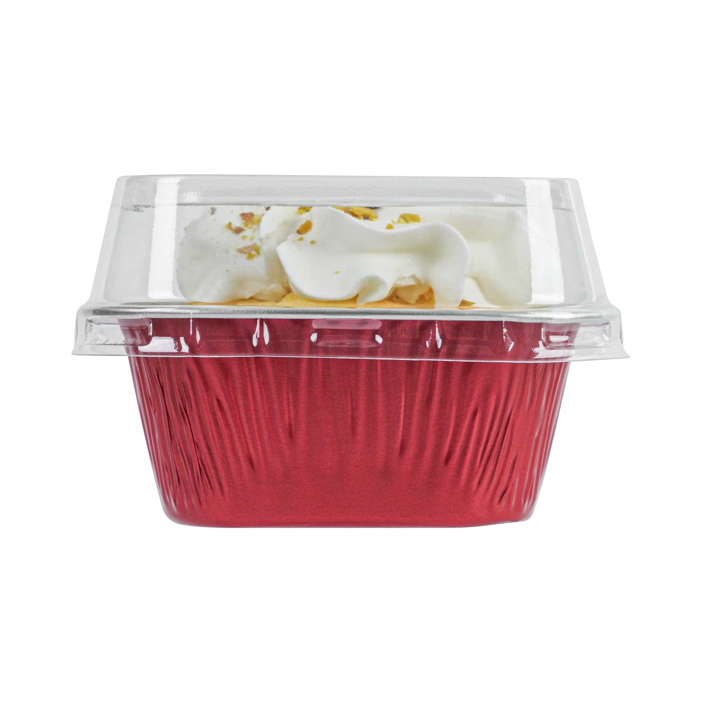 Pastry Tek 3 oz Square Red Aluminum Quadro Baking Cup - with Plastic Dome Lid - 3" x 3" x 1 1/4" - 100 count box
