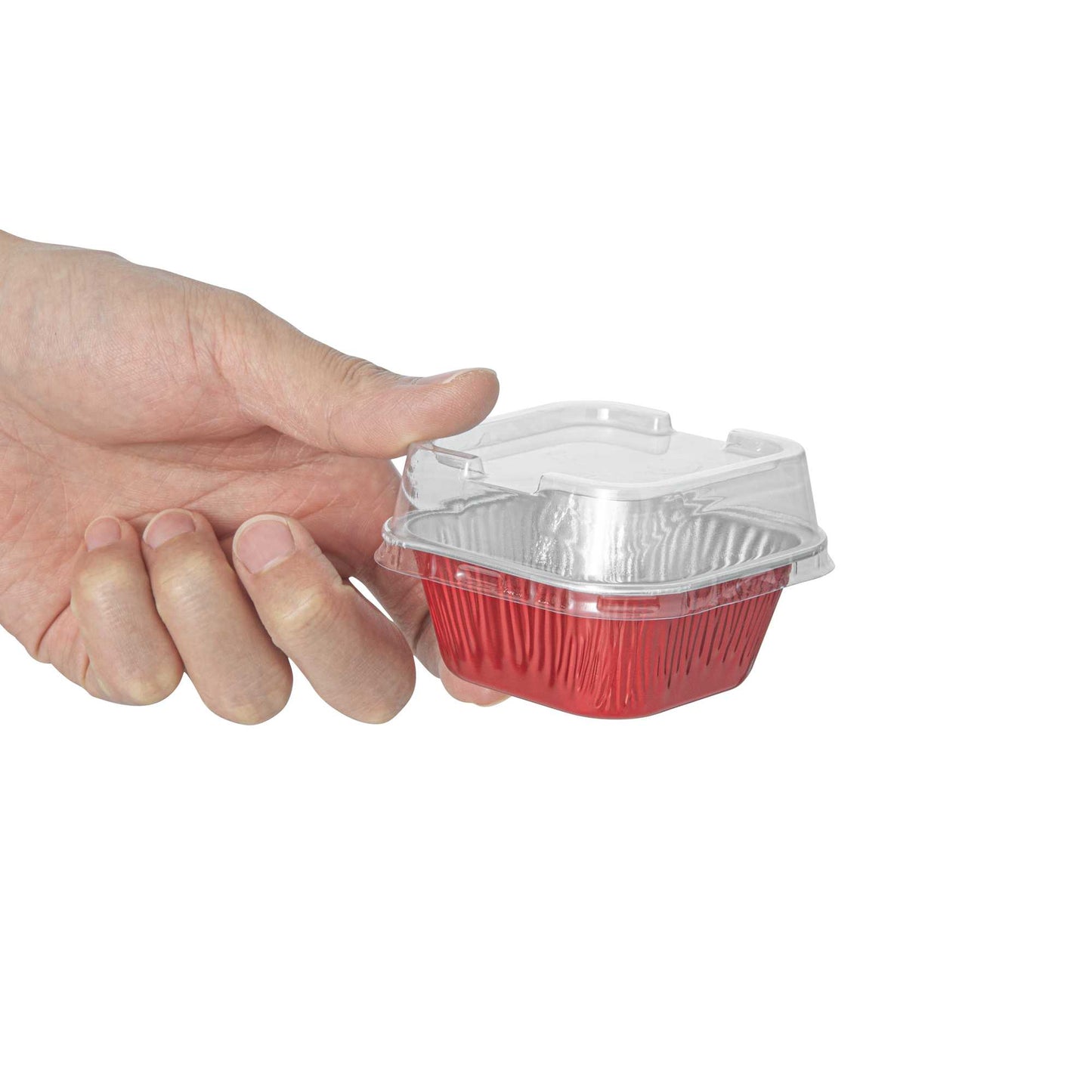 Pastry Tek 3 oz Square Red Aluminum Quadro Baking Cup - with Plastic Dome Lid - 3" x 3" x 1 1/4" - 100 count box