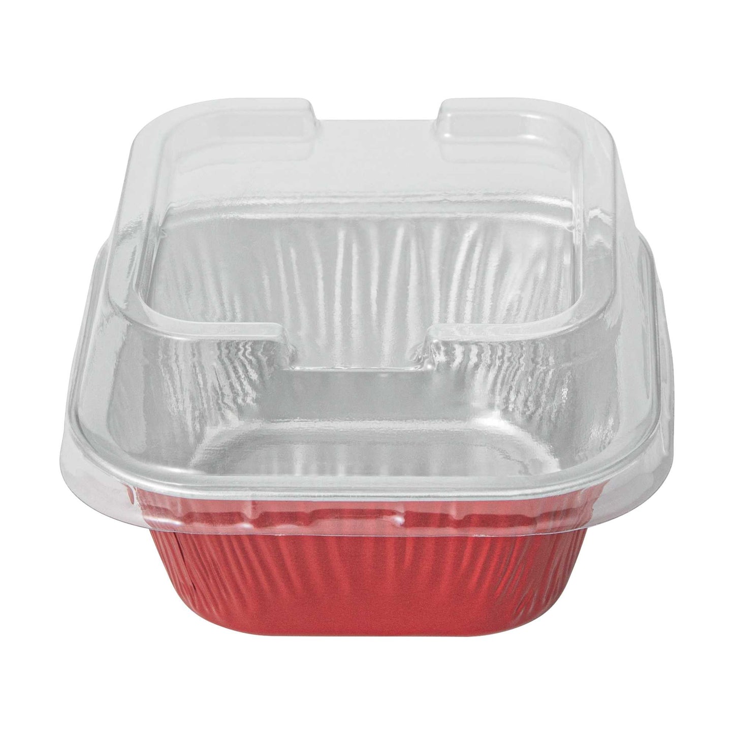 Pastry Tek 3 oz Square Red Aluminum Quadro Baking Cup - with Plastic Dome Lid - 3" x 3" x 1 1/4" - 100 count box
