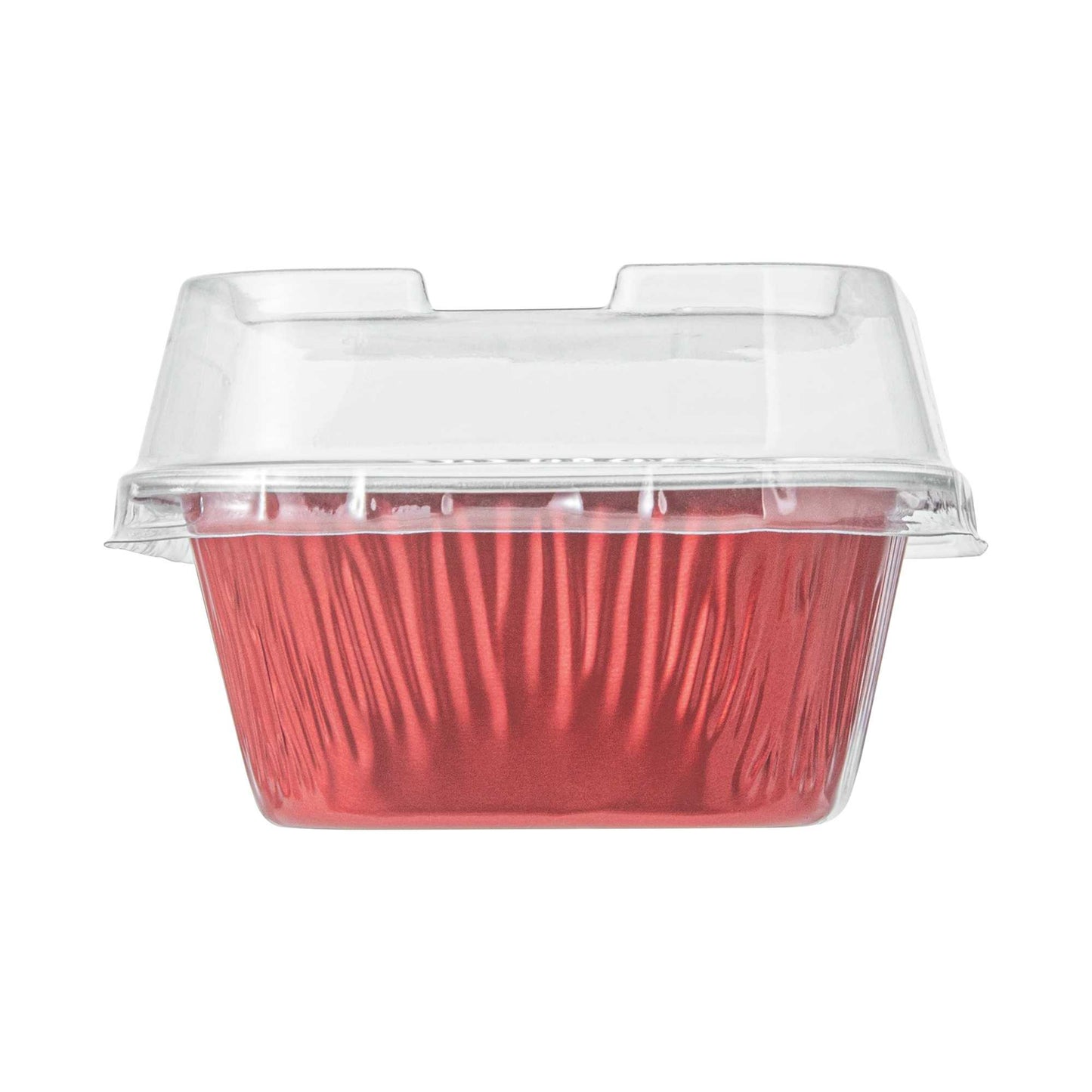 Pastry Tek 3 oz Square Red Aluminum Quadro Baking Cup - with Plastic Dome Lid - 3" x 3" x 1 1/4" - 100 count box