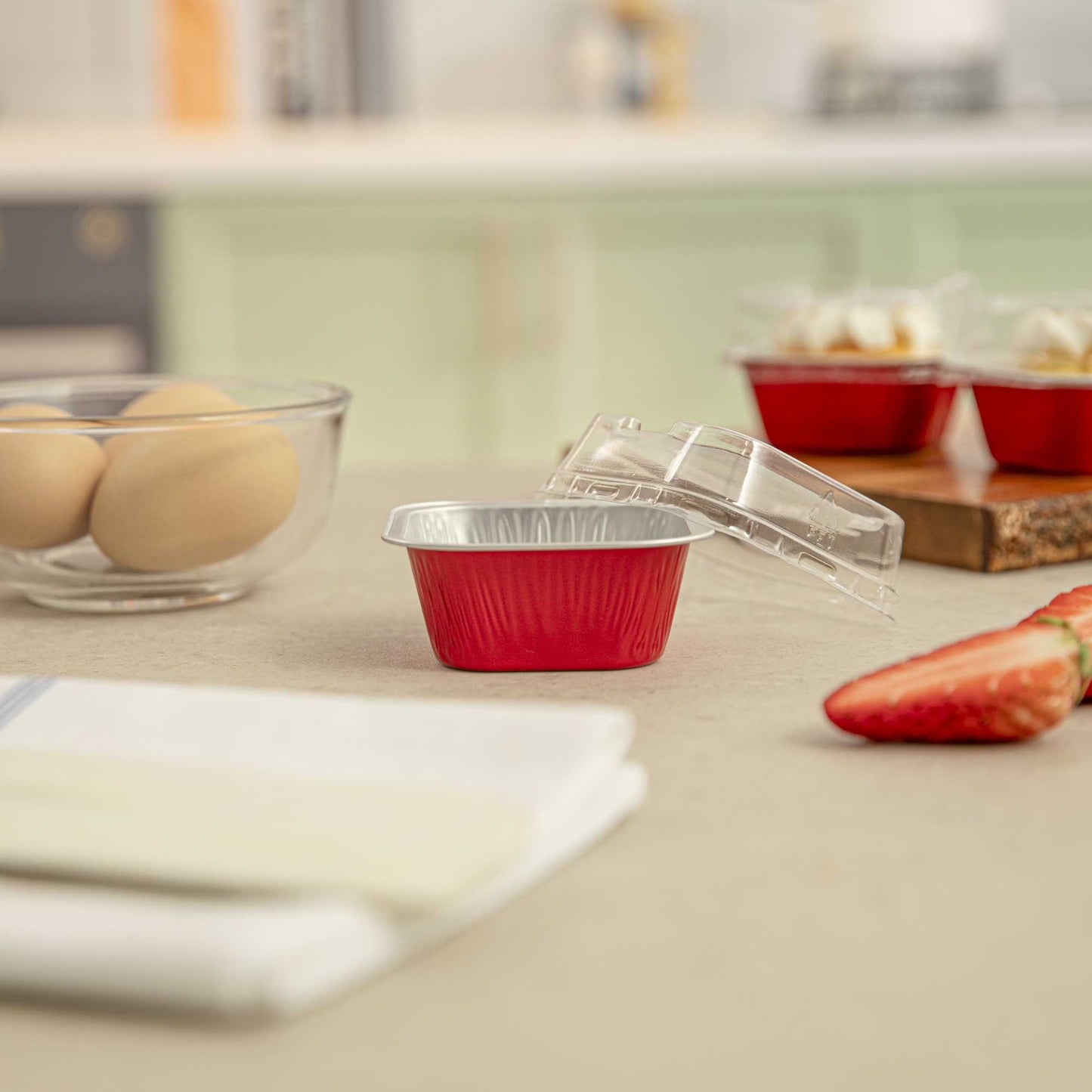 Pastry Tek 3 oz Square Red Aluminum Quadro Baking Cup - with Plastic Dome Lid - 3" x 3" x 1 1/4" - 100 count box