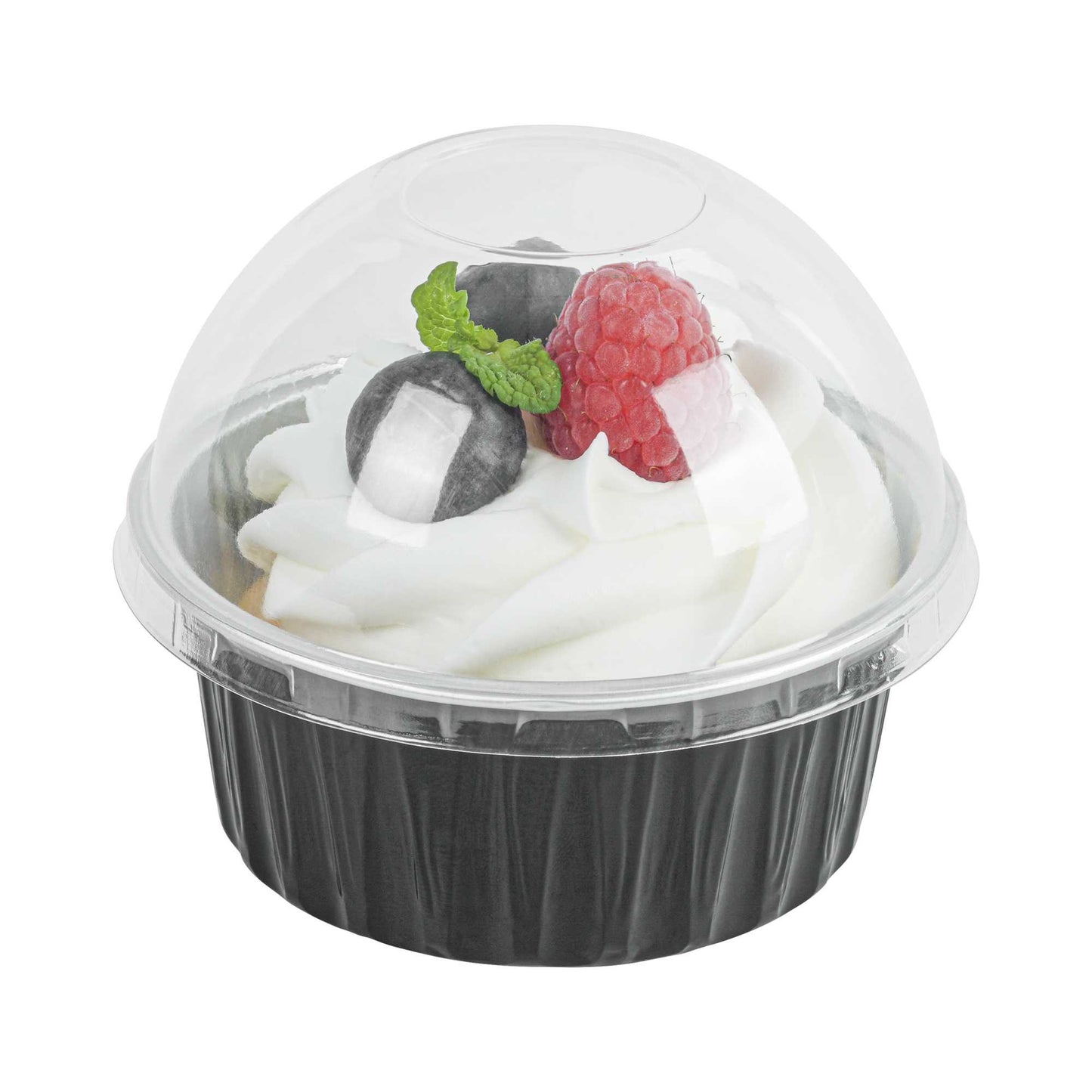 Pastry Tek 4 oz Round Black Aluminum Baking Cup - with Plastic Dome Lid - 3 1/4" x 3 1/4" x 1 1/2" - 100 count box