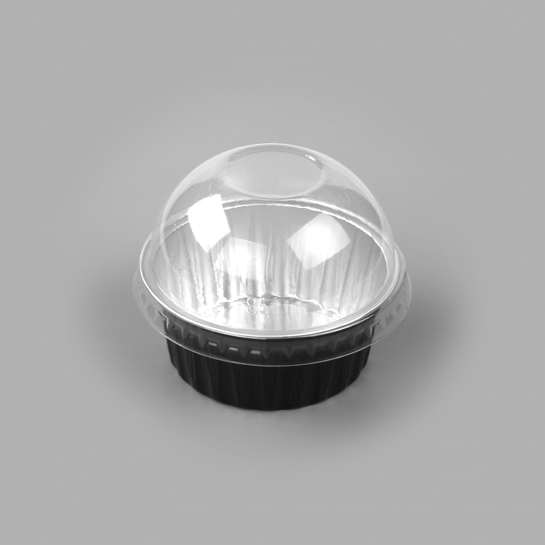 Pastry Tek 4 oz Round Black Aluminum Baking Cup - with Plastic Dome Lid - 3 1/4" x 3 1/4" x 1 1/2" - 100 count box