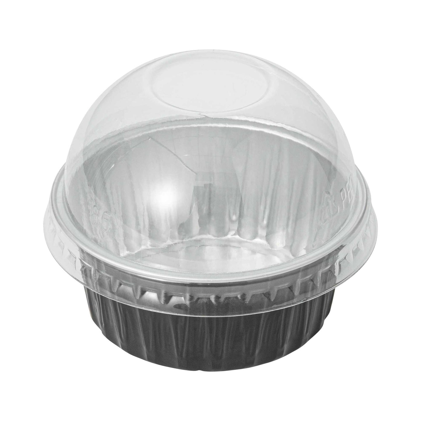 Pastry Tek 4 oz Round Black Aluminum Baking Cup - with Plastic Dome Lid - 3 1/4" x 3 1/4" x 1 1/2" - 100 count box