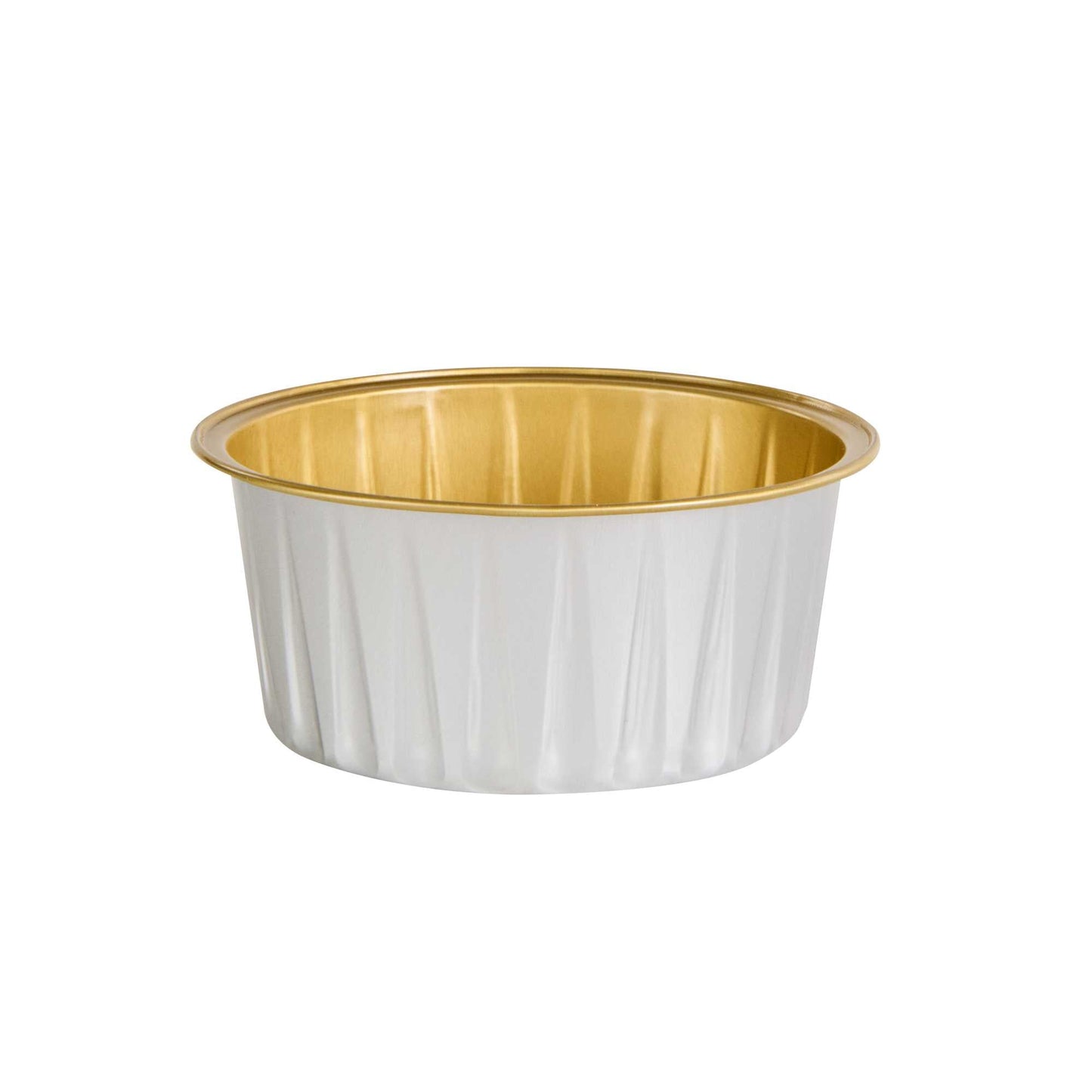 Pastry Tek 4 oz Round Silver Aluminum Baking Cup - Inner Gold, with Plastic Dome Lid - 3 1/4" x 3 1/4" x 1 1/2" - 100 count box
