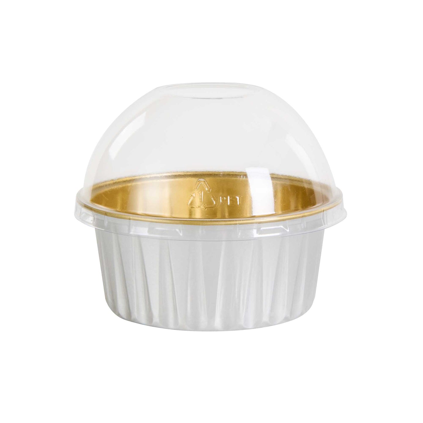 Pastry Tek 4 oz Round Silver Aluminum Baking Cup - Inner Gold, with Plastic Dome Lid - 3 1/4" x 3 1/4" x 1 1/2" - 100 count box