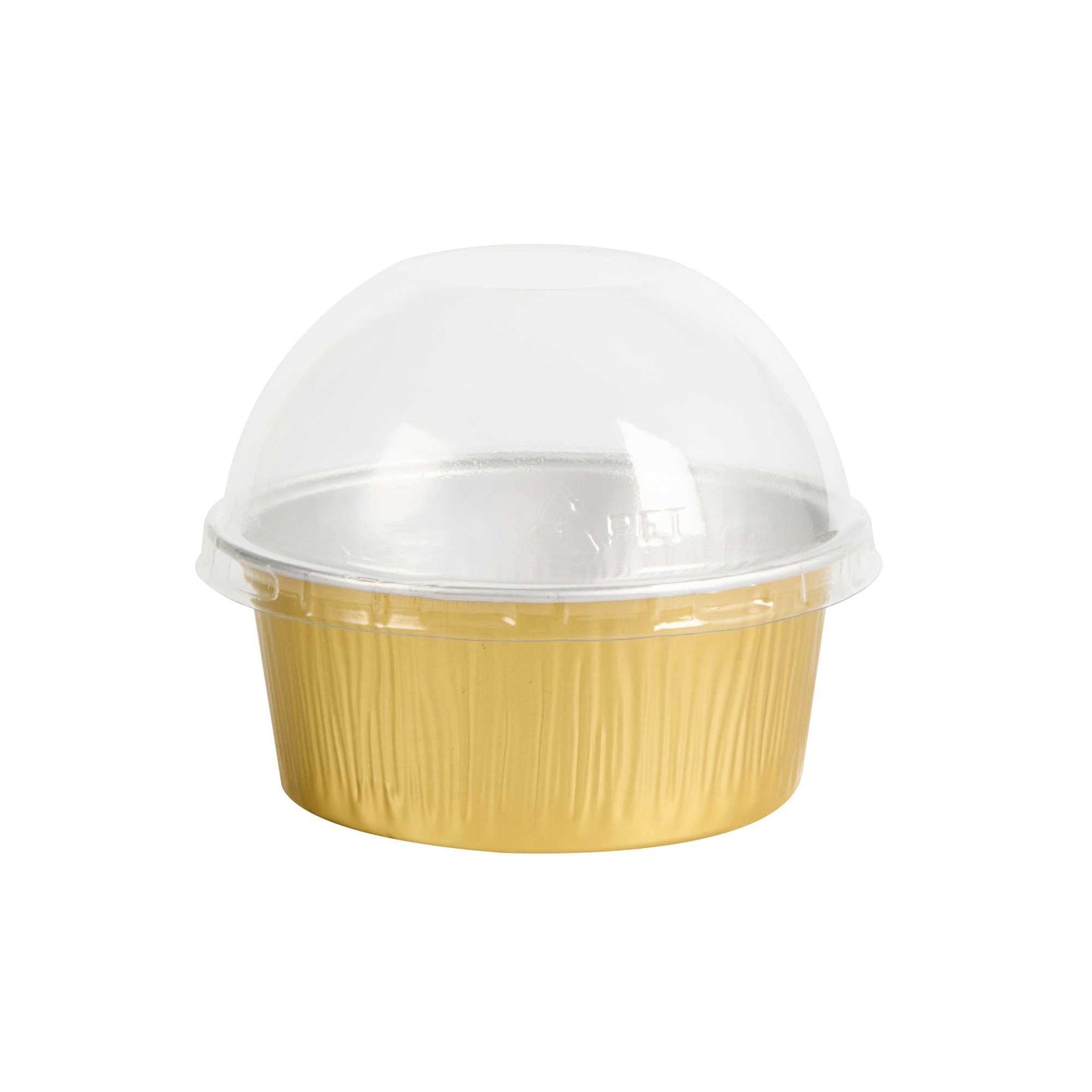 Pastry Tek 4 oz Round Gold Aluminum Baking Cup - with Plastic Dome Lid - 3 1/4" x 3 1/4" x 1 1/2" - 100 count box