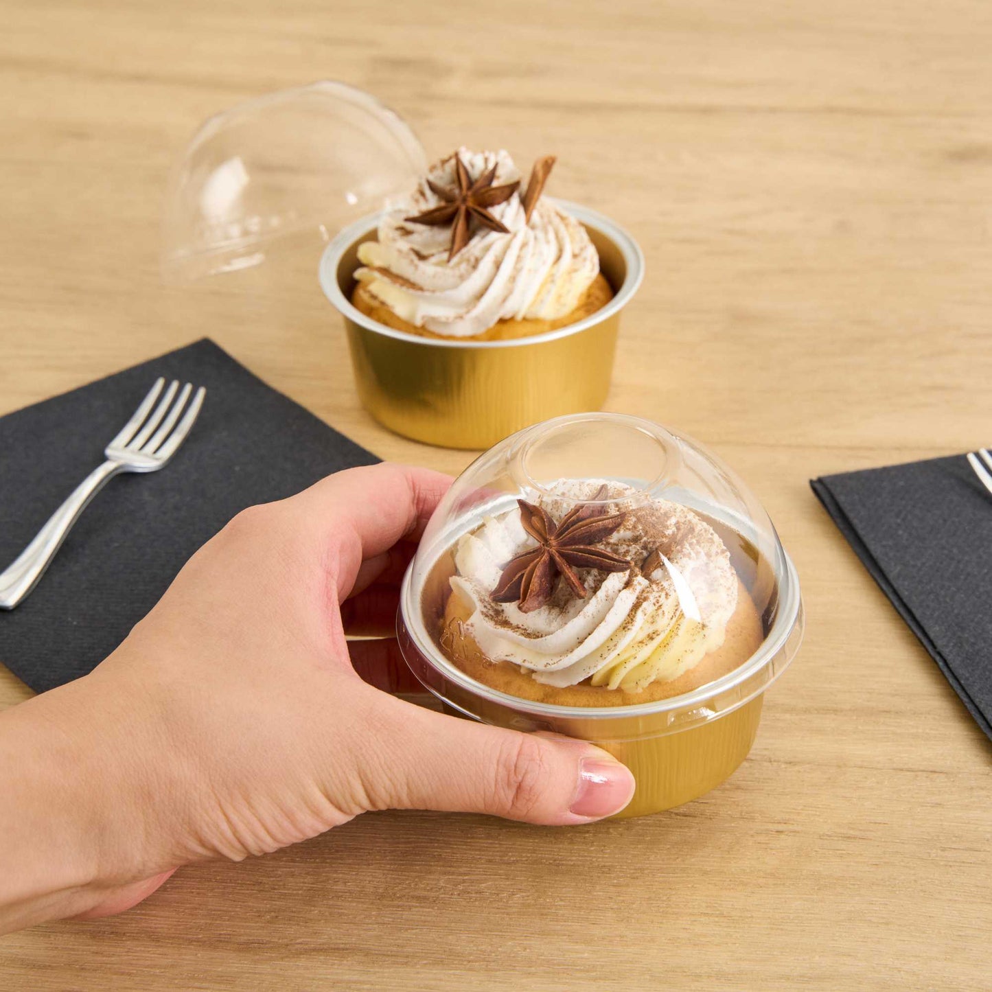 Pastry Tek 4 oz Round Gold Aluminum Baking Cup - with Plastic Dome Lid - 3 1/4" x 3 1/4" x 1 1/2" - 100 count box