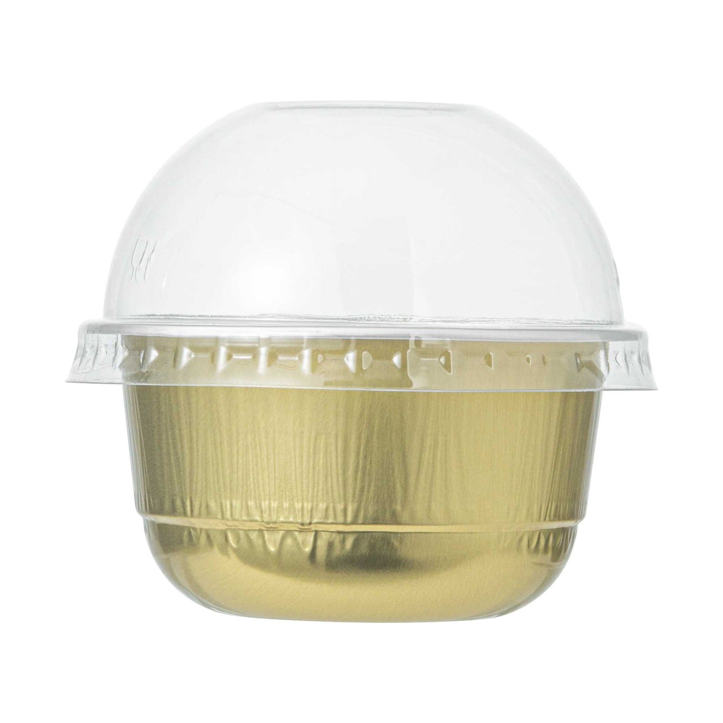 Pastry Tek 5 oz Round Gold Aluminum Baking Cup - with Plastic Dome Lid - 3 1/4" x 3 1/4" x 1 3/4" - 100 count box
