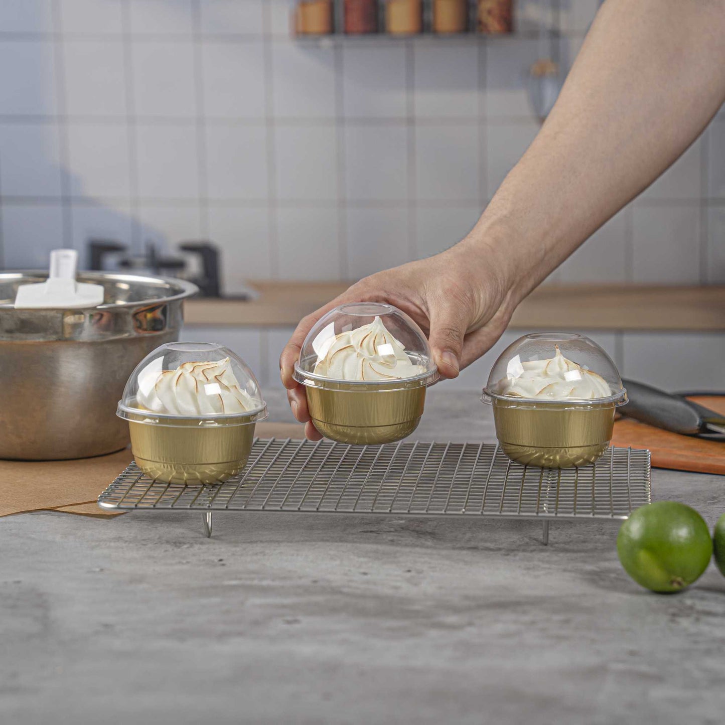 Pastry Tek 5 oz Round Gold Aluminum Baking Cup - with Plastic Dome Lid - 3 1/4" x 3 1/4" x 1 3/4" - 100 count box