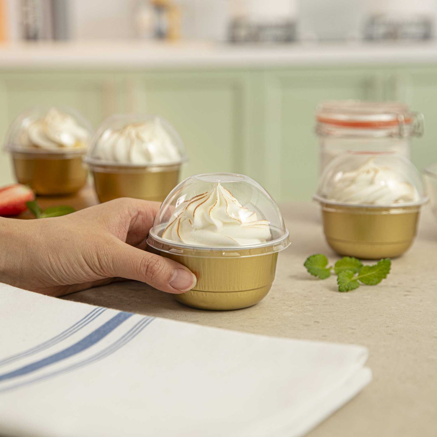 Pastry Tek 5 oz Round Gold Aluminum Baking Cup - with Plastic Dome Lid - 3 1/4" x 3 1/4" x 1 3/4" - 100 count box