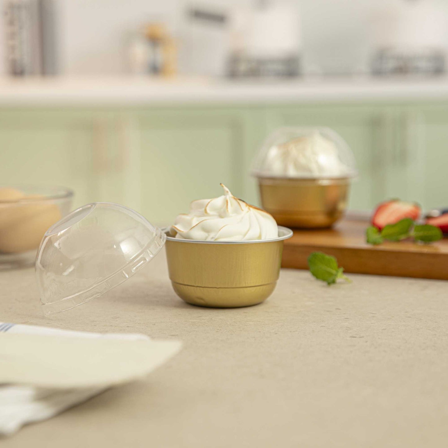 Pastry Tek 5 oz Round Gold Aluminum Baking Cup - with Plastic Dome Lid - 3 1/4" x 3 1/4" x 1 3/4" - 100 count box