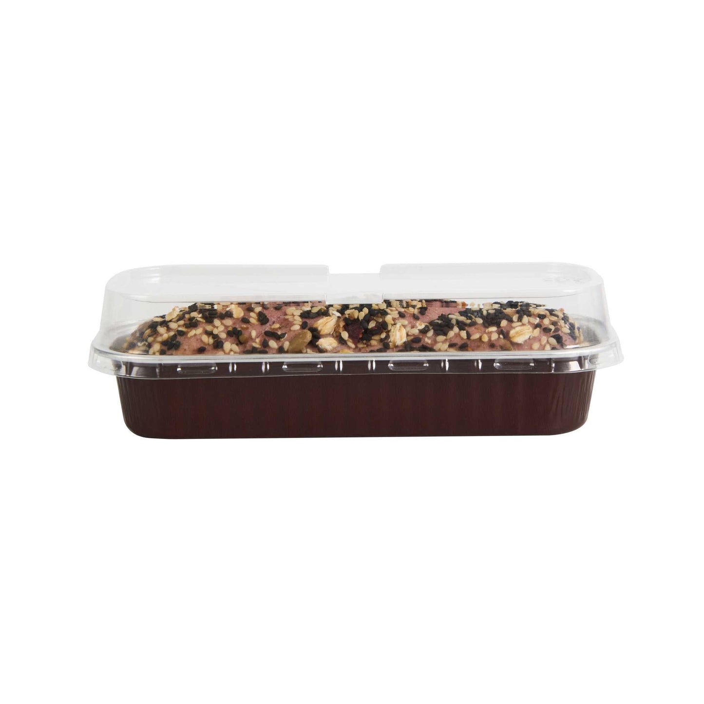 Pastry Tek 7 oz Rectangle Coffee Aluminum Baking Loaf Pan - with Plastic Dome Lid - 6 1/2" x 2 1/2" x 1 1/4" - 100 count box