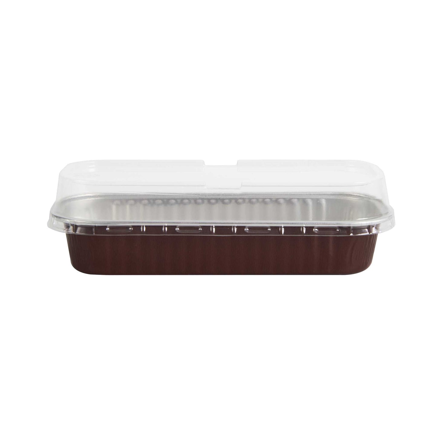 Pastry Tek 7 oz Rectangle Coffee Aluminum Baking Loaf Pan - with Plastic Dome Lid - 6 1/2" x 2 1/2" x 1 1/4" - 100 count box