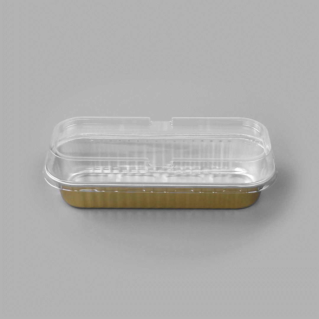 7 oz Rectangle Gold Aluminum Baking Loaf Pan - with Plastic Dome Lid - 6 1/2" x 2 1/2" x 1 1/4" - 100 count box