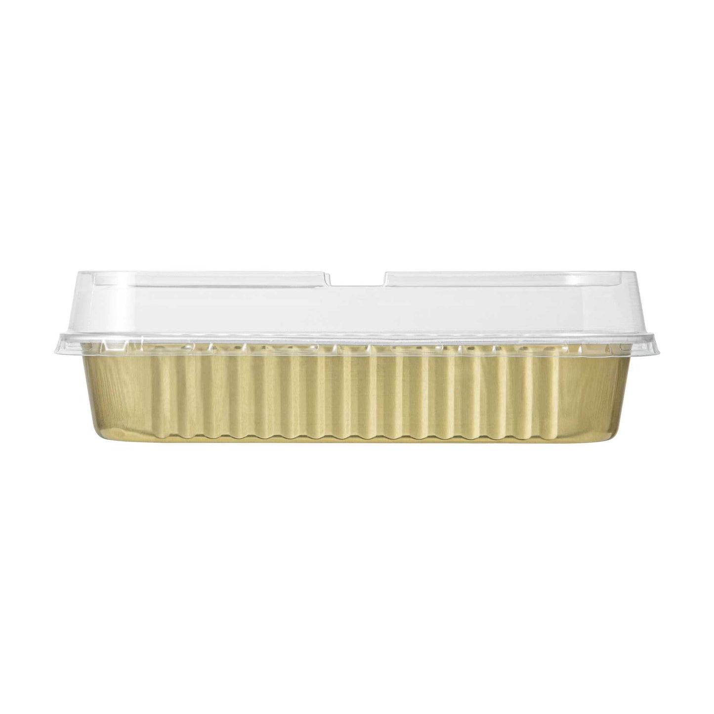 7 oz Rectangle Gold Aluminum Baking Loaf Pan - with Plastic Dome Lid - 6 1/2" x 2 1/2" x 1 1/4" - 100 count box