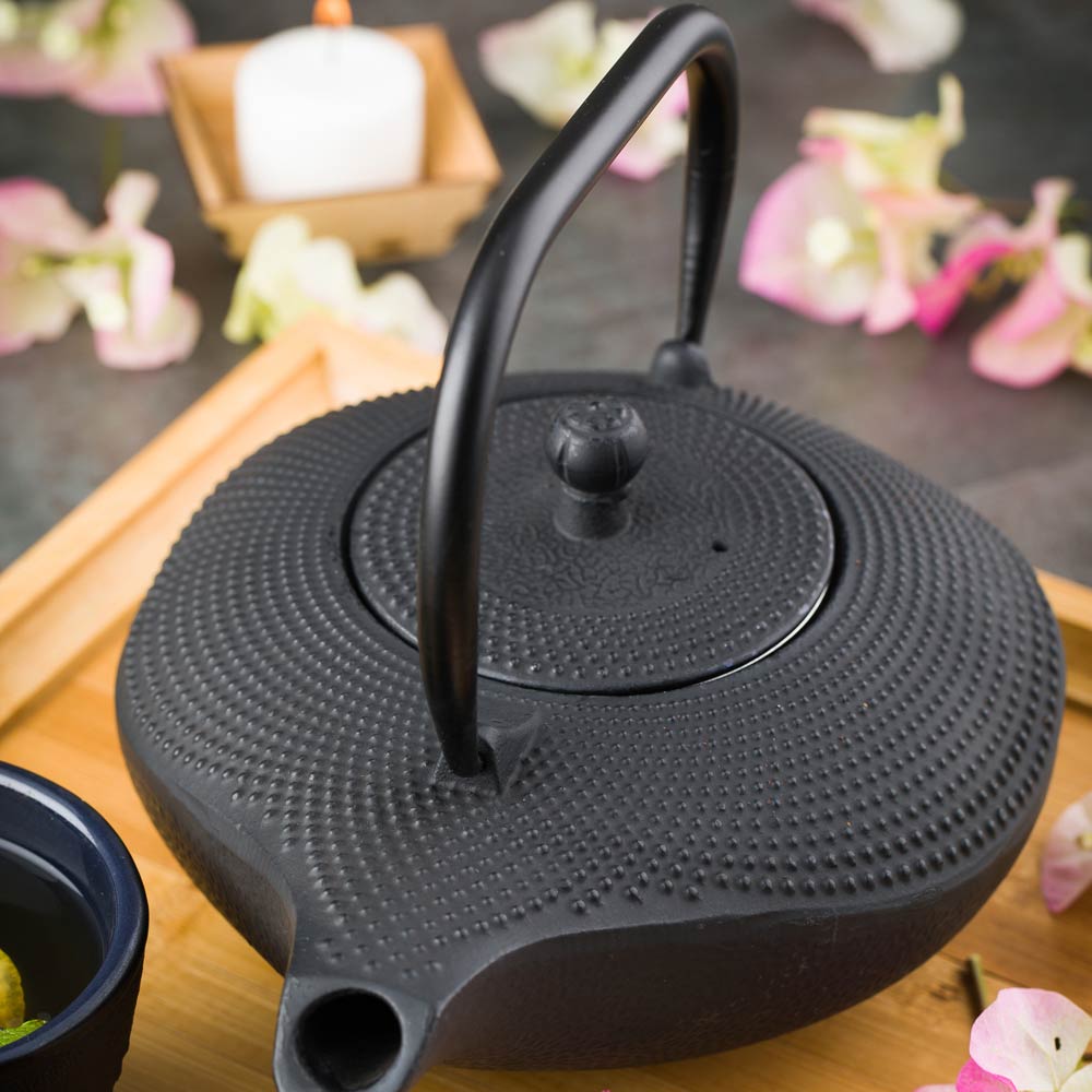 Tetsubin 34 oz Oval Black Cast Iron Teapot - 8 1/2" x 6 1/4" x 6 1/4" - 1 count box