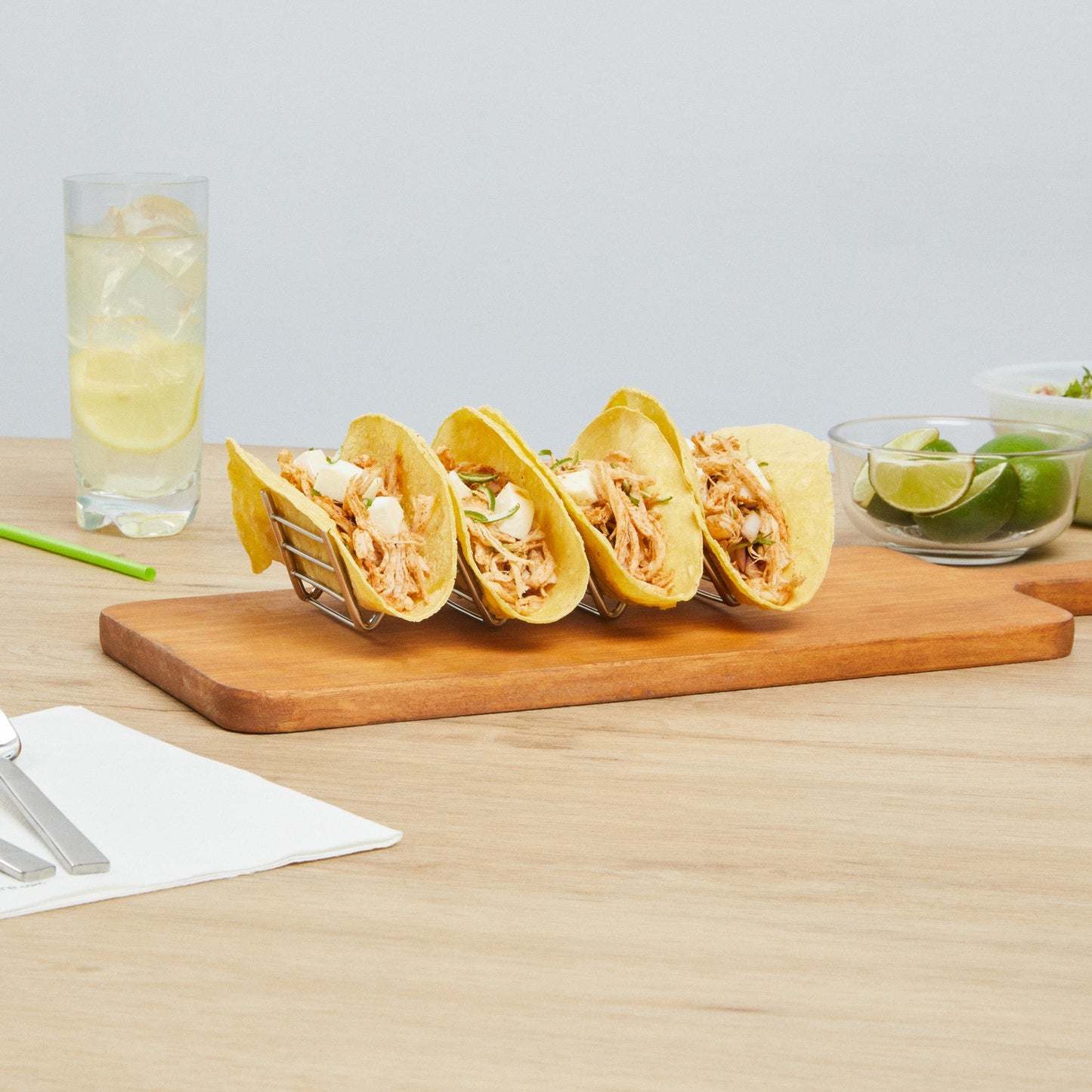 Met Lux Rectangle Silver Stainless Steel Quattro Taco Rack Stand - 4 Tacos - 7" x 2 1/2" x 1 1/2" - 1 count box
