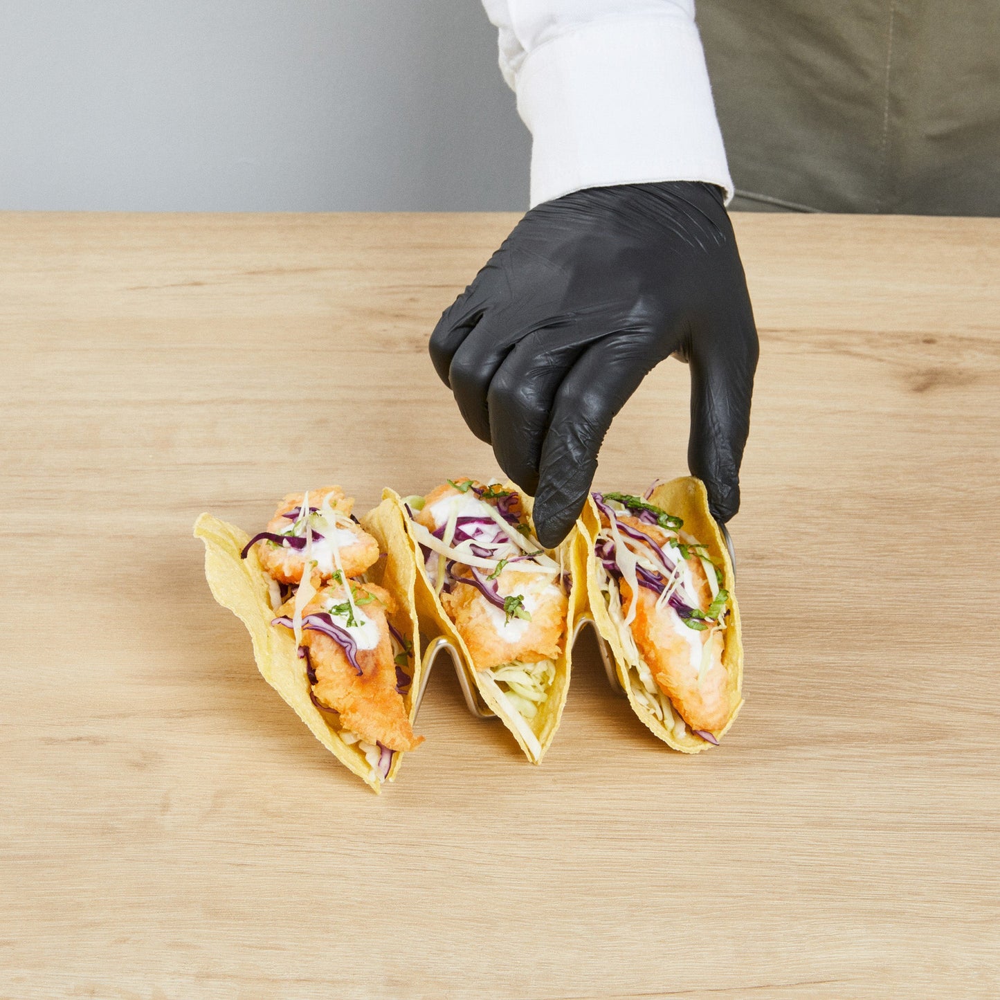 Met Lux Rectangle Silver Stainless Steel Triplo Taco Rack Stand - 3 Tacos - 6 3/4" x 3 1/4" x 1 1/2" - 1 count box