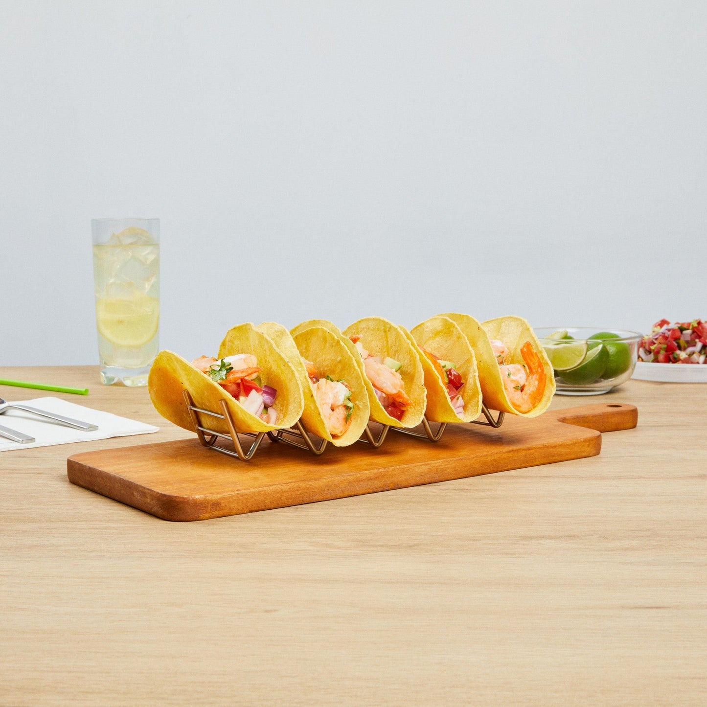 Met Lux Rectangle Silver Stainless Steel Cinque Taco Rack Stand - 5 Tacos - 8 1/4" x 2 1/2" x 1 1/2" - 1 count box
