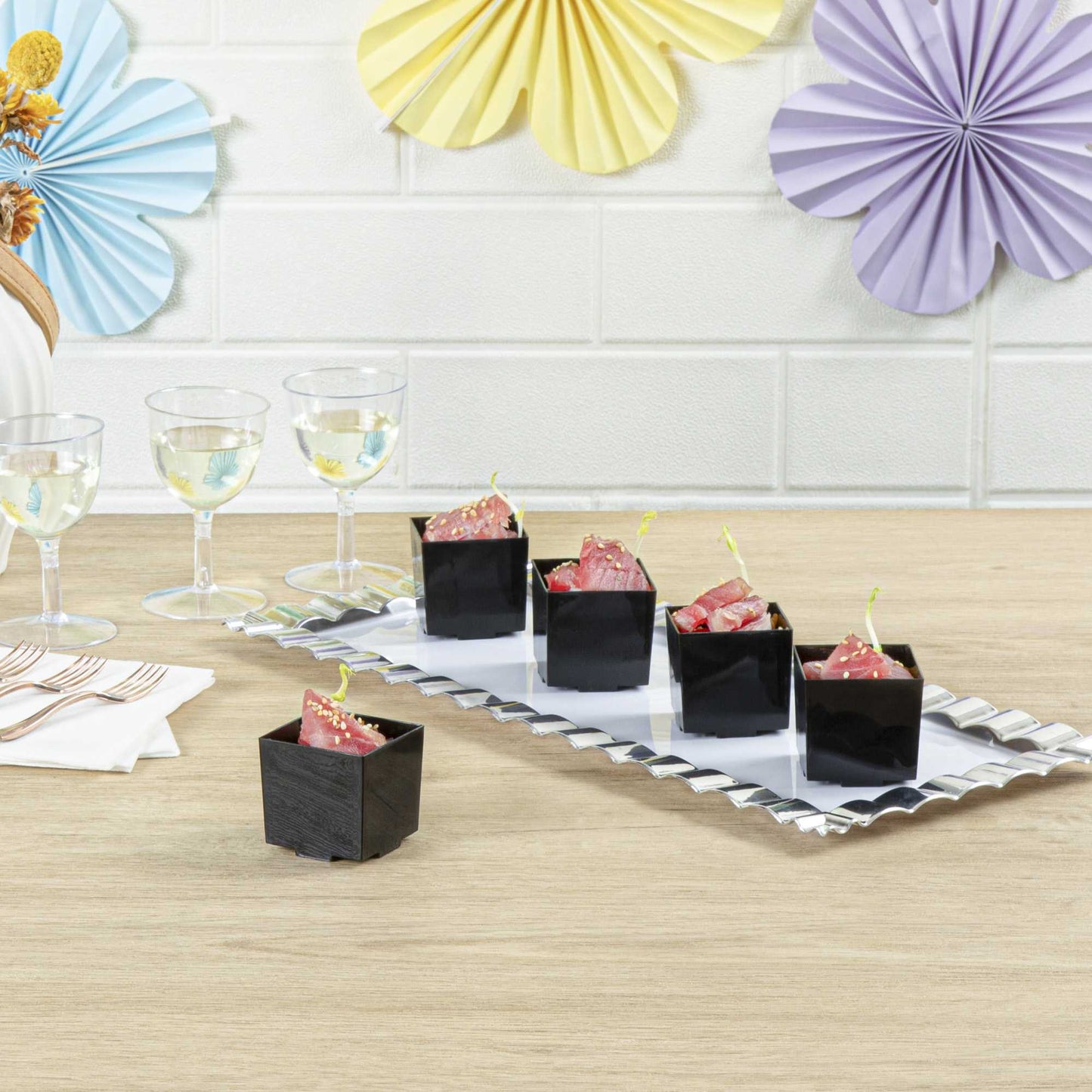 Mini Serve 3 oz Square Black Plastic Quadrato Cup - 1 3/4" x 1 1/2" x 1 3/4" - 100 count box