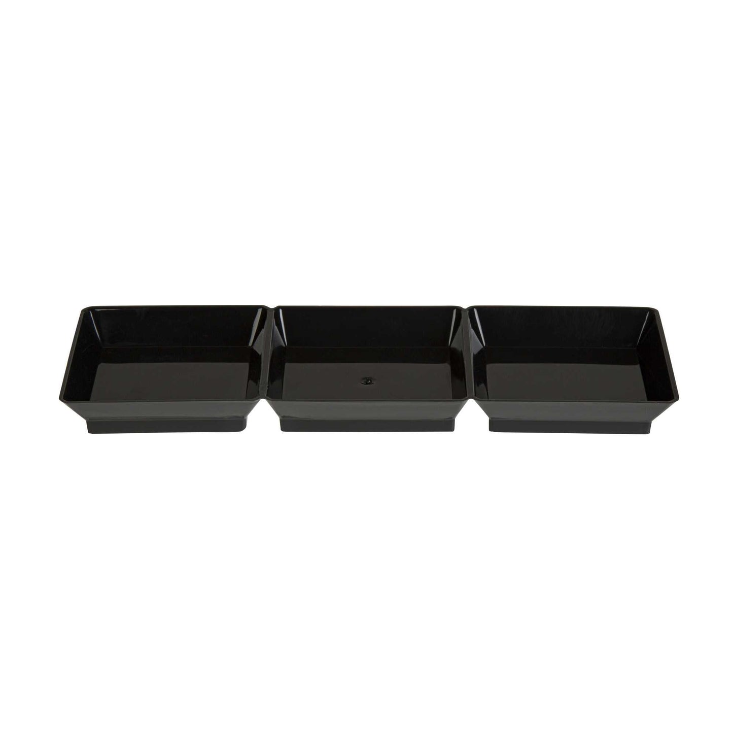 Mini Serve Rectangle Black Plastic Terzetto Mini Plate - 3 Compartments - 7 1/2" x 2 1/2" x 1/2" - 100 count box
