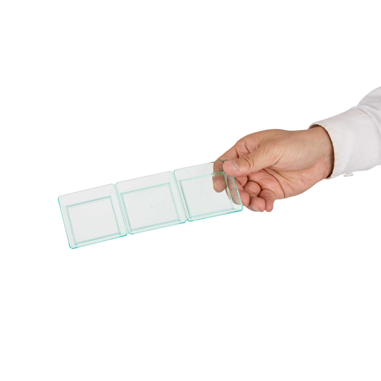 Mini Serve Rectangle Seagreen Plastic Terzetto Mini Plate - 3 Compartments - 7 1/2" x 2 1/2" x 1/2" - 100 count box