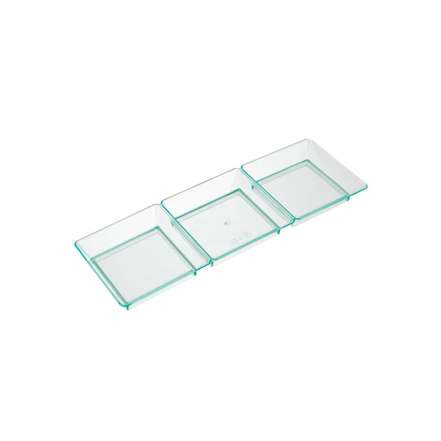 Mini Serve Rectangle Seagreen Plastic Terzetto Mini Plate - 3 Compartments - 7 1/2" x 2 1/2" x 1/2" - 100 count box