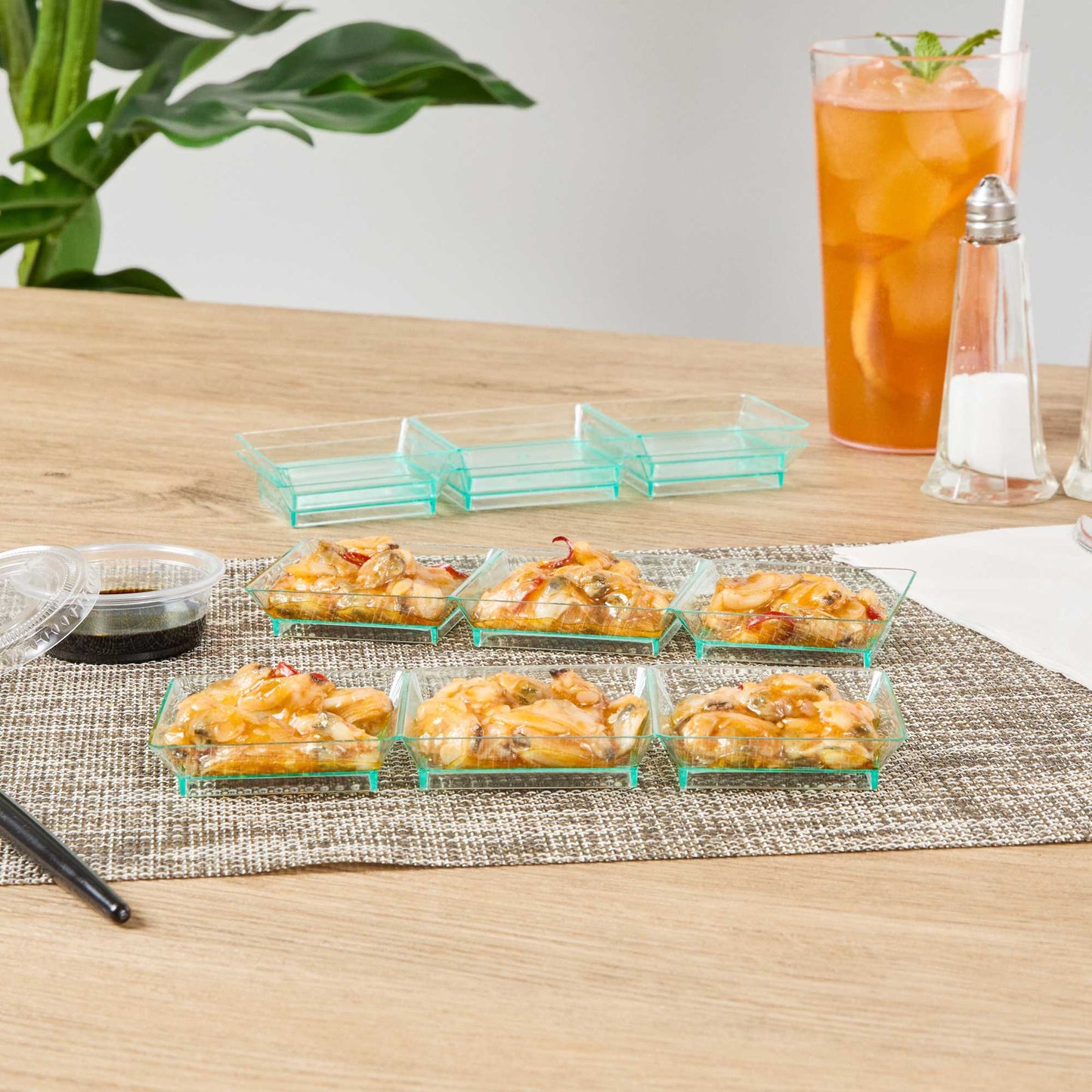 Mini Serve Rectangle Seagreen Plastic Terzetto Mini Plate - 3 Compartments - 7 1/2" x 2 1/2" x 1/2" - 100 count box