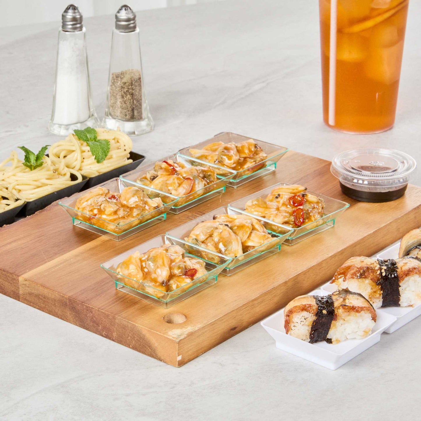 Mini Serve Rectangle Seagreen Plastic Terzetto Mini Plate - 3 Compartments - 7 1/2" x 2 1/2" x 1/2" - 100 count box